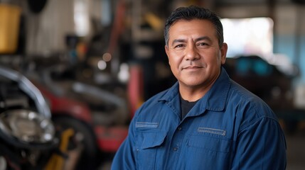 A middle-aged Hispanic man poses confidently in a blue work uniform. Captured in a workshop setting, he exudes professionalism and approachability, ideal for industry-related themes.