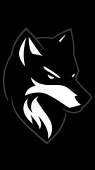 Obraz premium Minimalist bold black and white wolf head icon silhouette with sharp eyes and detailed fur design for logo and branding vector illustration