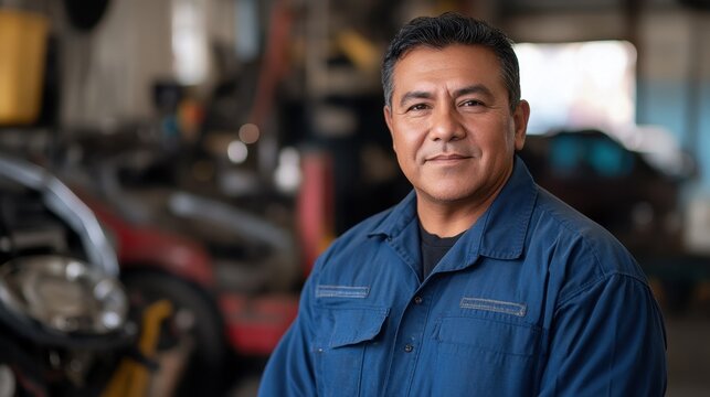 A middle-aged Hispanic man poses confidently in a blue work uniform. Captured in a workshop setting, he exudes professionalism and approachability, ideal for industry-related themes.
