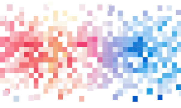 Abstract pixel grid pattern with gradient red to blue scattered squares on white background digital mosaic design in flat minimalist vector style