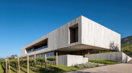 Fototapeta premium A contemporary hillside home clad in white concrete reclaimed timber positioned within a terraced vineyard captured at mid-morning