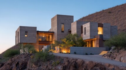 A contemporary hillside home designed as an angular cluster of cube forms embedded into a sloping desert ridge