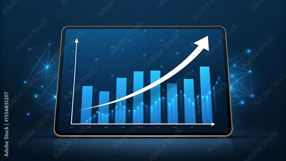 Poster digital tablet displaying a rising bar chart with an upward arrow and network connections