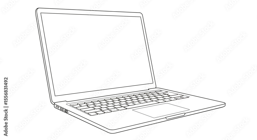 Aufkleber line drawing of an open laptop computer, angled view, with a blank screen and keyboard.