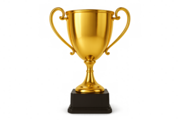 Golden trophy with dual handles resting on black pedestal, symbolizing championship achievement, positioned against transparent backdrop
