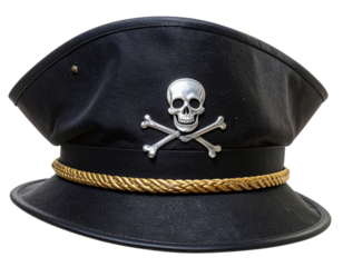 Black Pirate Captain Hat with Skull Emblem Side Perspective isolated on transparent background PNG