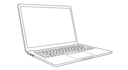 Line drawing of an open laptop computer, angled view, with a blank screen and keyboard.