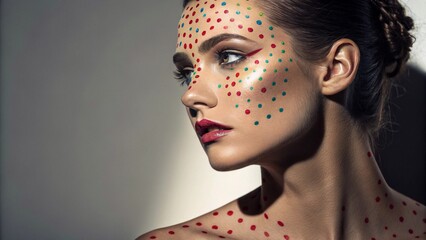 Obraz premium Closeup Portrait of a Woman with Colorful Polka Dot Makeup, Creative makeup look with polka dots and glossy red lips