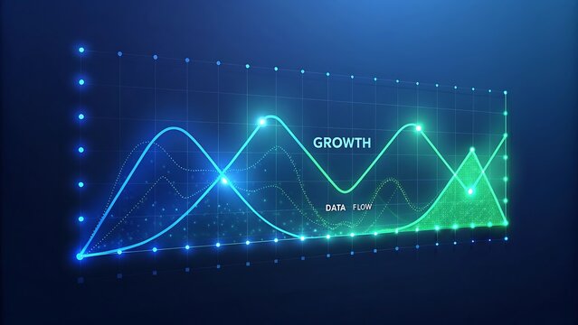 Futuristic digital graph showing increasing growth and data flow with glowing points