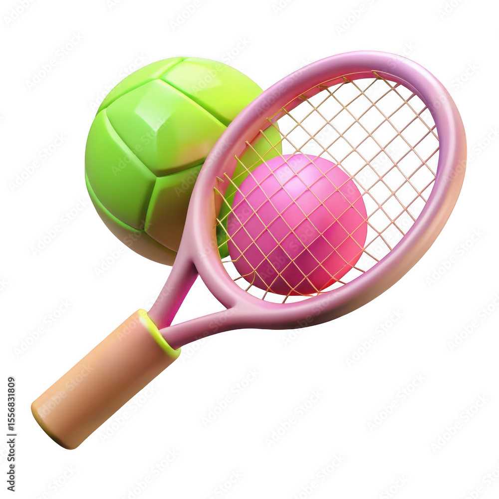 Poster 3d render of tennis racket and balls isolated on transparent background