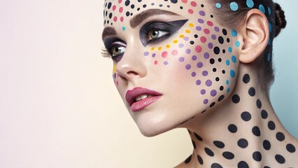 Closeup Portrait of a Woman with Colorful Polka Dot Makeup,  Creative makeup look with polka dots and glossy red lips