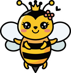 Cute Queen Bee Cartoon with Crown and Flower – Adorable Kawaii Bee Illustration for Kids