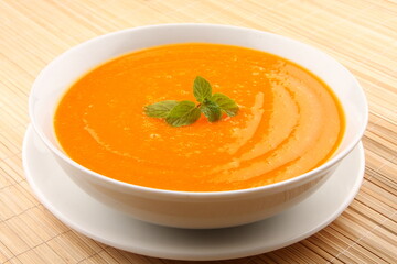 Fresh cream pumpkin soup, delicious vegetarian diet meal.