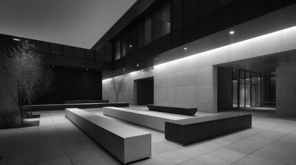 A contemporary office plaza with open terraces curtain walls high-contrast black white color palette with cold ambient lighting