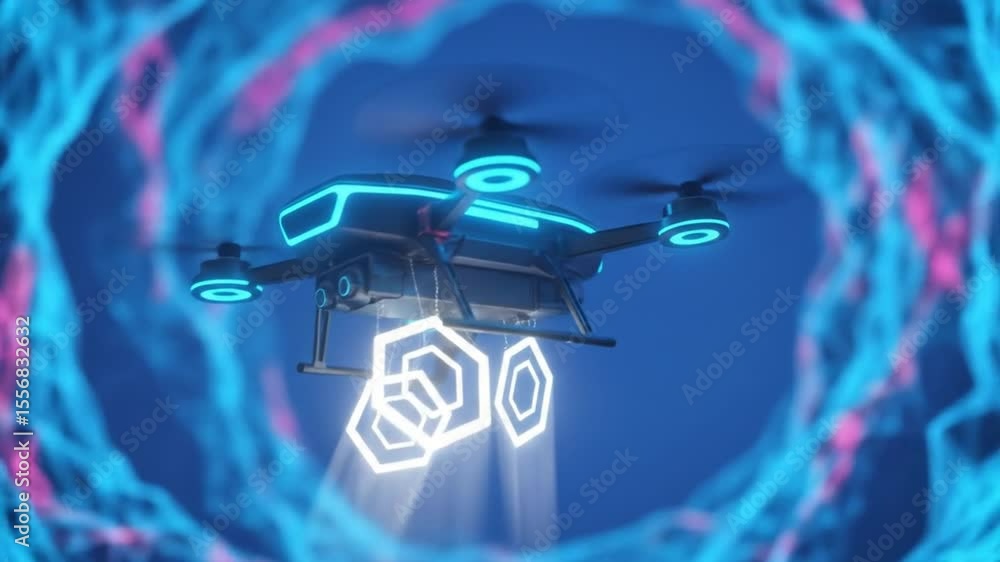 Poster flying drone with glowing hexagons in digital tunnel animation