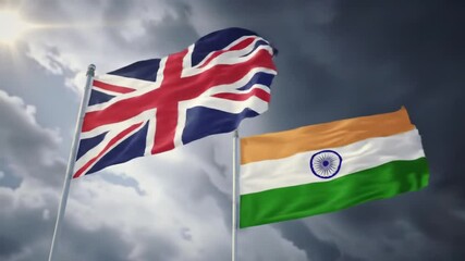 UK and India Flags Wave Against Stormy Sky - Powered by Adobe