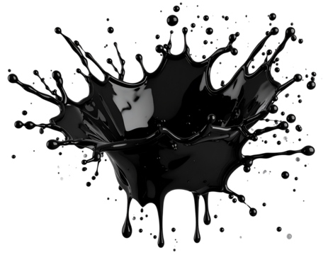  Dynamic Black Paint Splash with Dripping Droplets Front View isolated on transparent background PNG