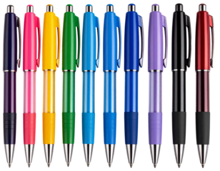 Set of colorful ballpoint pens aligned horizontally, isolated on transparent background PNG