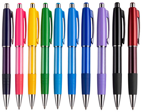 Set of colorful ballpoint pens aligned horizontally, isolated on transparent background PNG