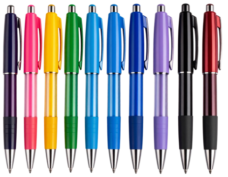 Set of colorful ballpoint pens aligned horizontally, isolated on transparent background PNG