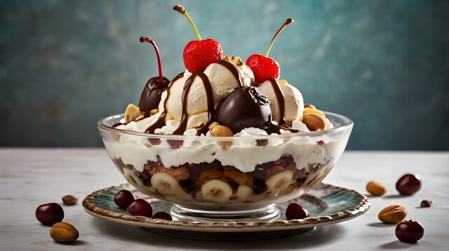 Classic Banana Split with Vanilla, Chocolate, Strawberry Ice Cream, Whipped Cream, Cherries, Nuts, and Chocolate Syrup on Vintage Glass Dish for National Banana Split Day