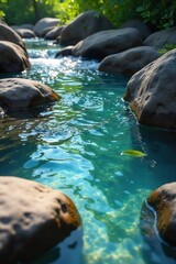 Fototapeta premium Crystal clear water flows over smooth stones, creating a tranquil scene of nature's purity Perfect for themes of serenity, freshness, and natural beauty , earth, peaceful