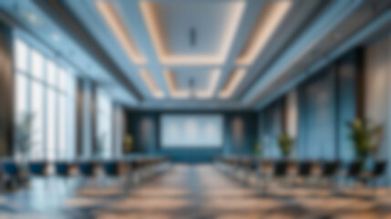 Blurred Auditorium background. Interior of professional lecture presentation room. Defocused corporate event seminar. Empty conference hall with row of chairs. Business convention center expo fair