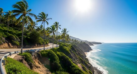 Coastal highway winding along a sun-drenched cliffside, overlooking a tranquil ocean and lush palm trees.