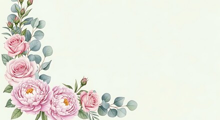 Naklejka premium Pastel pink floral border design with roses and peonies on a light cream background.