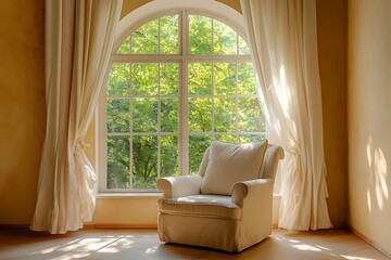 Sunlit armchair by arched window. (7)