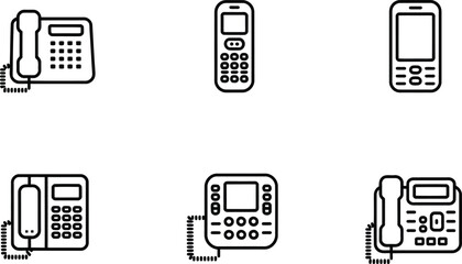 Five Black Outline Telephones Different Styles landline