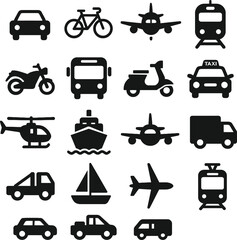 Transportation icons set of various vehicles and travel symbols in vector design