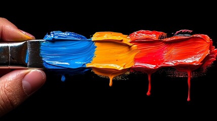 Vibrant Blue Orange and Red Paint Strokes on a Brush Close Up