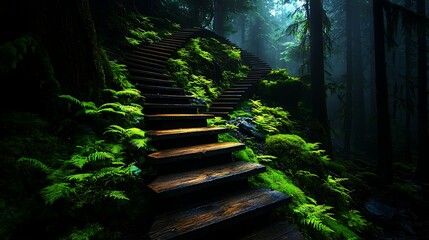Enchanting Wooden Steps Winding Through a Lush Mossy Forest Path