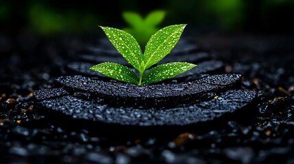 Lush Green Sprout Emerging from Dark Wet Stones Nature s Resilience