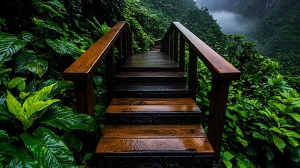Lush Rainforest Wooden Steps Pathway Tropical Nature Walk Tranquil Jungle Setting