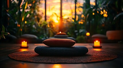 Serene Sunset Meditation Scene Tranquil Yoga Studio with Candles and Stones