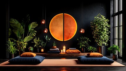 Serene Modern Zen Meditation Room Interior Design with Plants and Candles