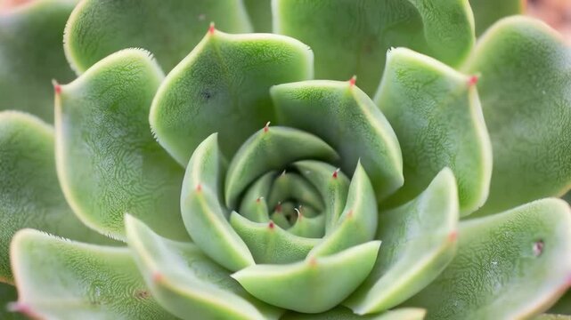 Closeup of a green succulent plant with thick leaves arranged in a spiral pattern