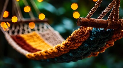 Colorful Hammock Outdoors at Night with String Lights Relaxing Summer Vacation Scene