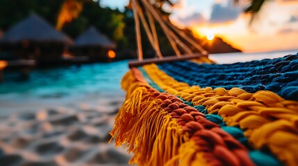 Vibrant Knit Hammock on Tropical Beach at Sunset Relaxing Vacation Scene