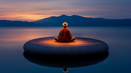 Serene Sunset Meditation Person in Lotus Pose on Calm Lake Mountain View