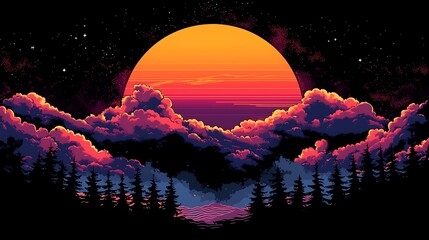 Vibrant Sunset Landscape Retro Art Style Colorful Clouds Night Sky Forest Silhouette