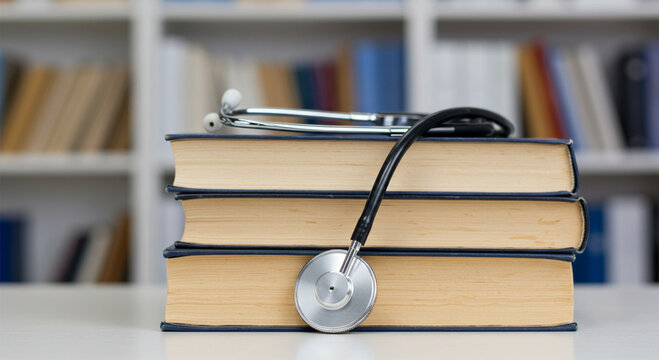 Medical textbooks and stethoscope medical knowledge ready to learn success in medicine