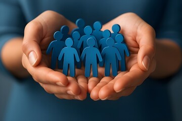 Hands holding a group of blue figures representing community and social connection in cupped palms.