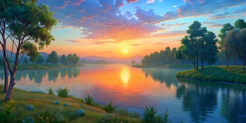 Obraz premium Serene Lake Landscape at Sunset with Trees and Mountains in the Background Reflecting Golden Light on the Water