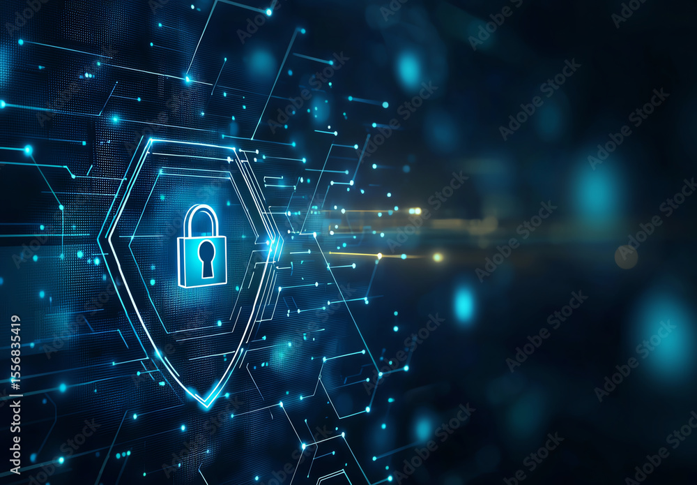 Poster secure digital background featuring glowing padlock symbol within shield, representing cybersecurity