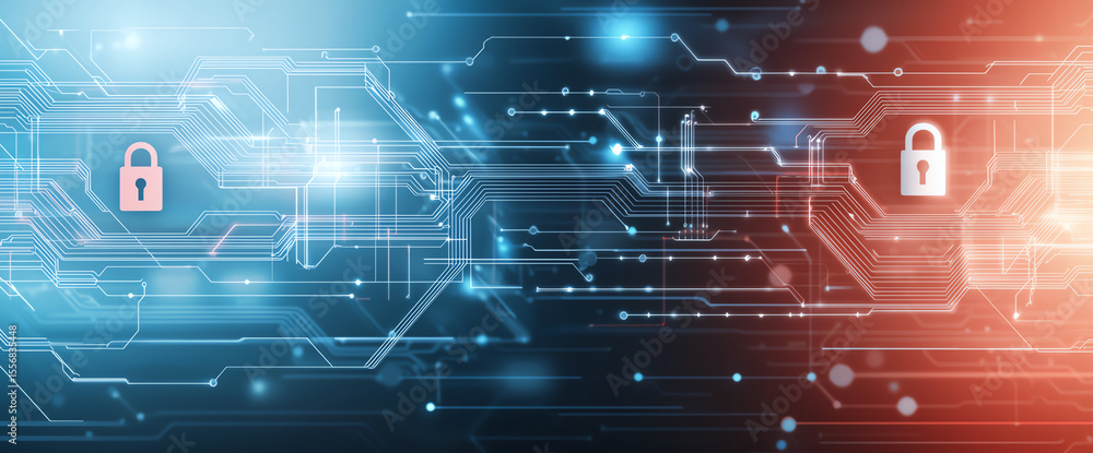 Poster abstract background of cybersecurity featuring digital locks, circuit patterns, and glowing lines re