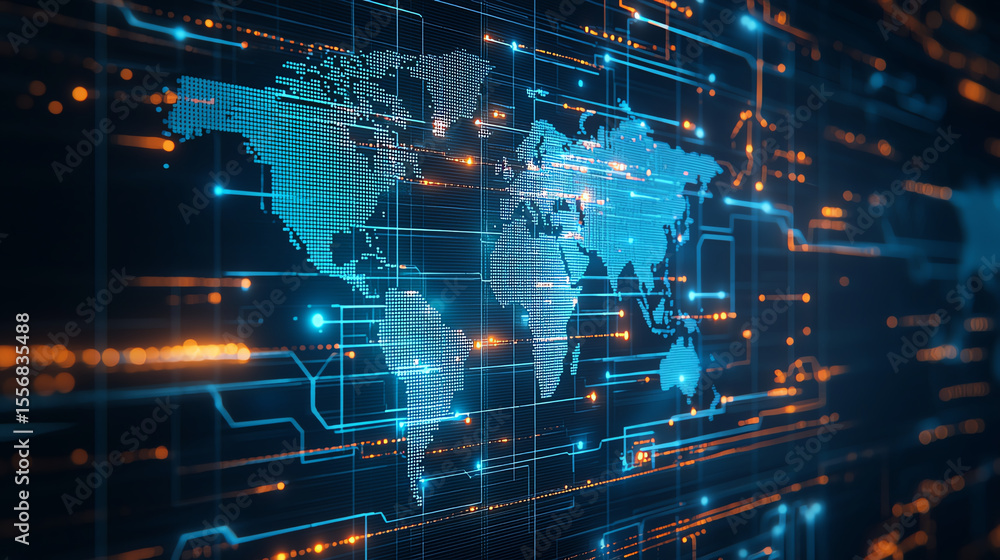 Poster digital world map with glowing blue lines and circuits, representing global connectivity and technol