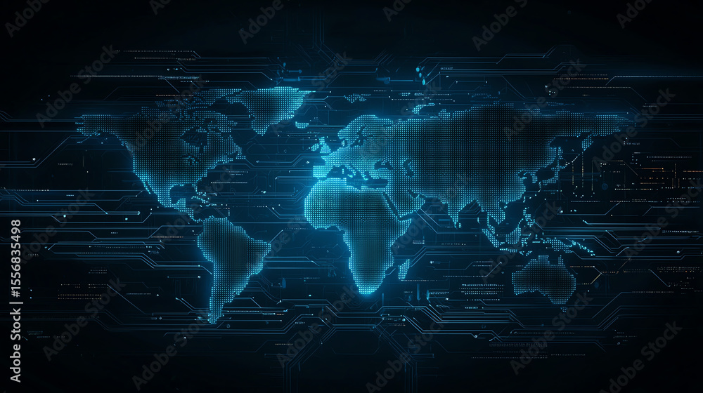 Poster digital world map with abstract blue lines and circuits, representing global connectivity and techno